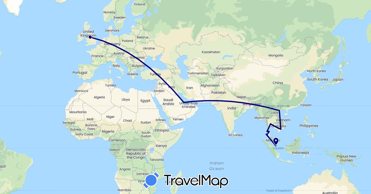 TravelMap itinerary: driving in United Kingdom, Cambodia, Qatar, Singapore, Thailand, Vietnam (Asia, Europe)
